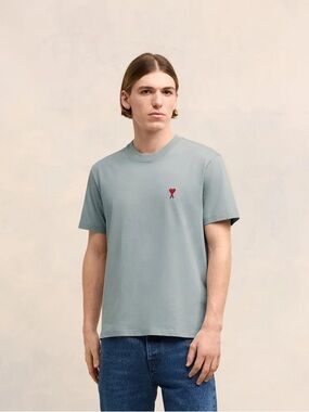 NWT AMI Men's Crewneck T-Shirt in Blue with Red Heart Logo